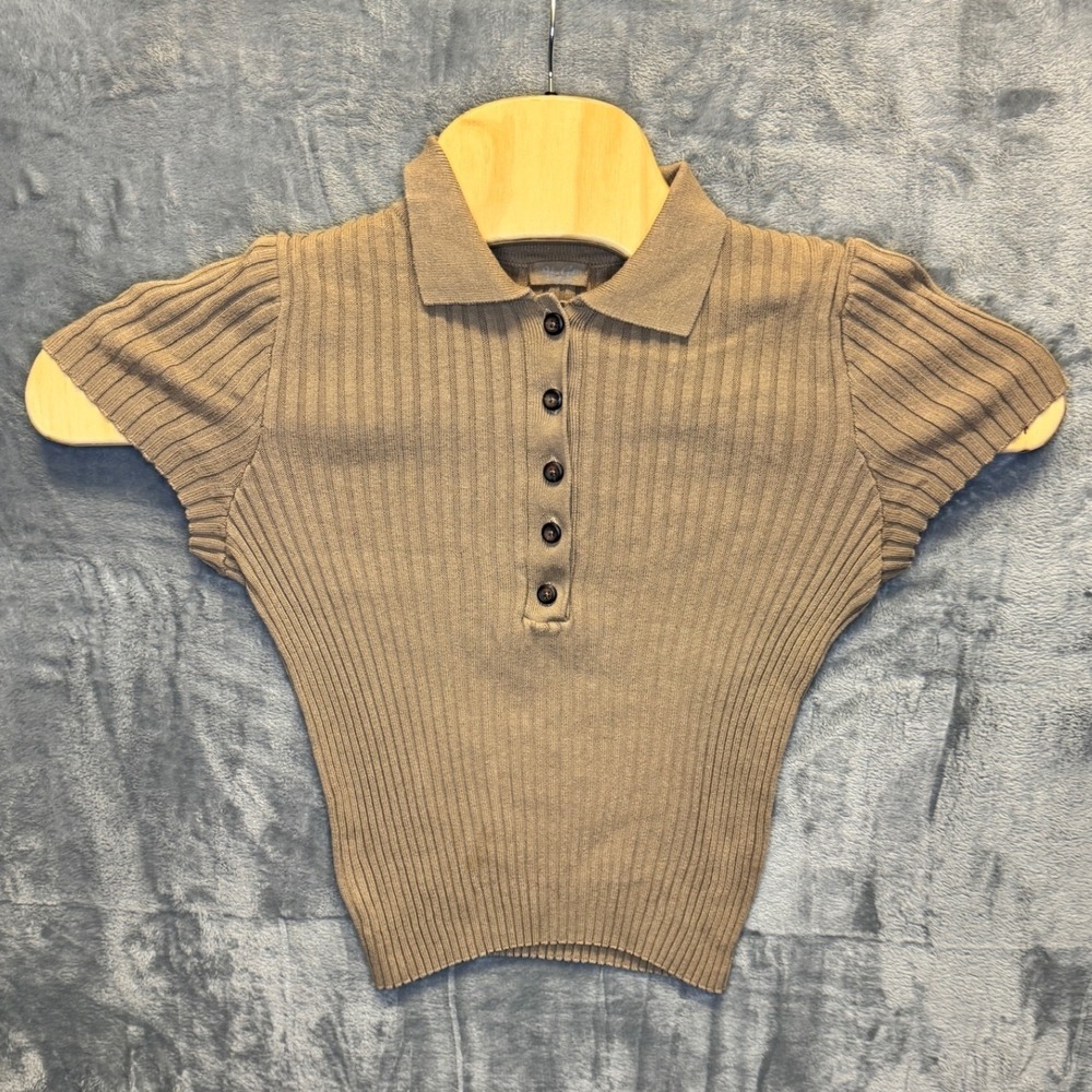 2341 | J. Galt MH355 Ribbed Knit Short Sleeve Polo Top Tan Womens OS